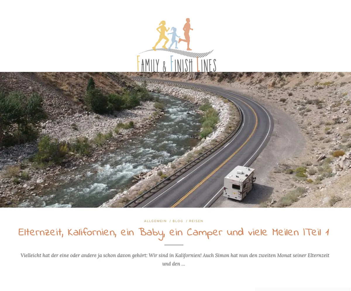 Screenshot des Family & Finish Lines Blogs mit Camper und Roadtrip-Motiv
