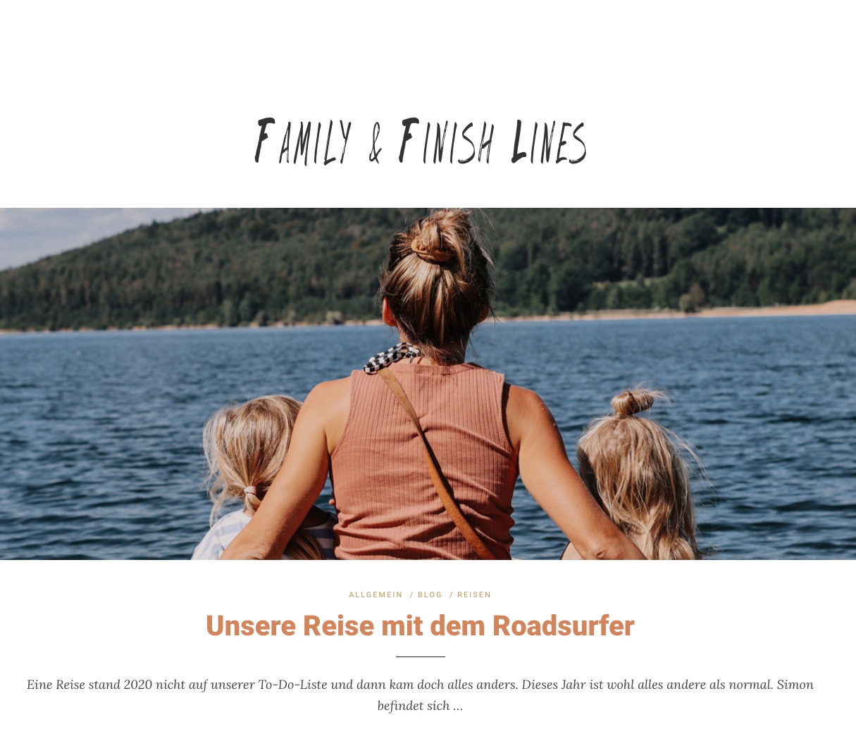 Screenshot des Family & Finish Lines Blogs mit Reisebild am See